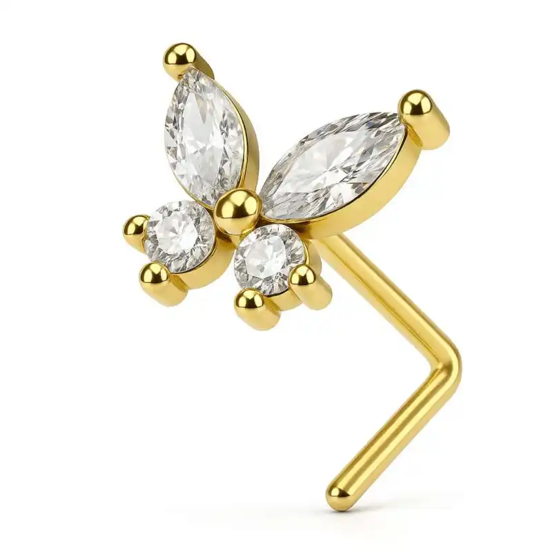 Piercing pentru nas în formă de fluture din argint 925 placat cu aur, cu zirconiu delicat