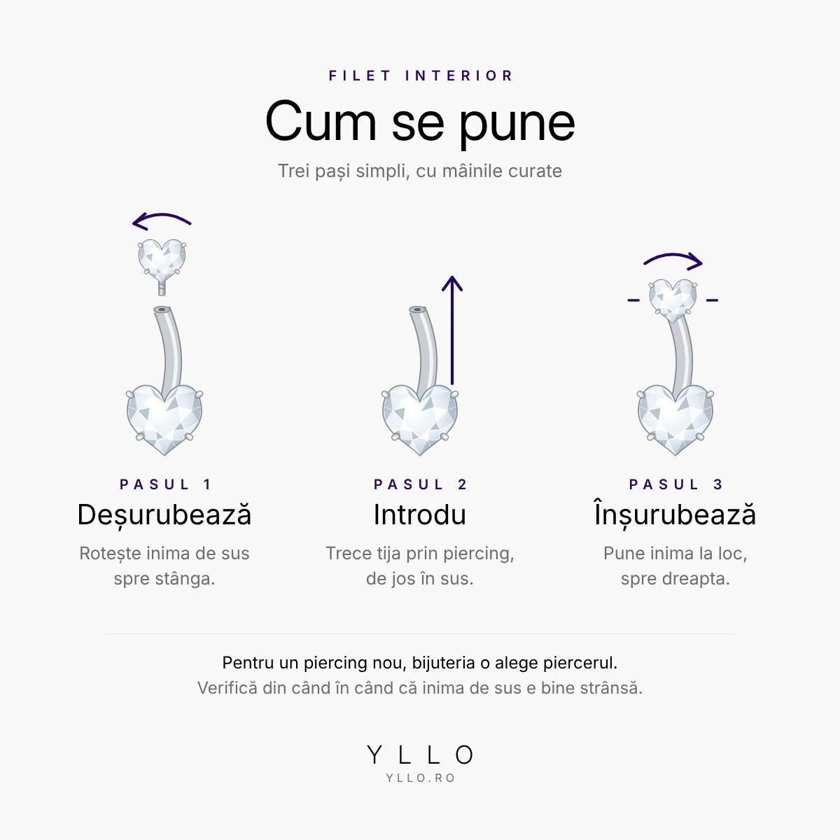 Cum se pune un piercing buric titan ASTM F136 inimă din zirconiu – filet interior, în 3 pași