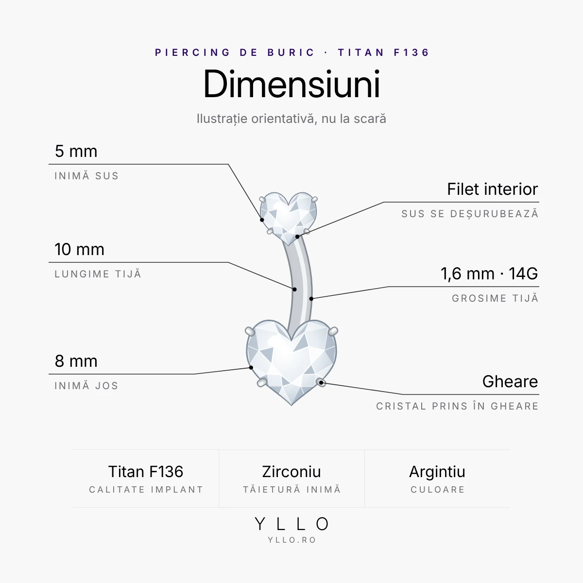 Piercing buric titan ASTM F136 inimă din zirconiu – dimensiuni: tijă de 1,6 mm (14G) și 10 mm, inimi de 8 mm și 5 mm