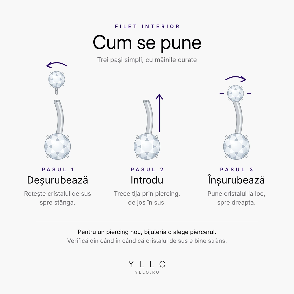 Cum se pune un piercing buric titan ASTM F136 zirconiu rotund – filet interior, în 3 pași