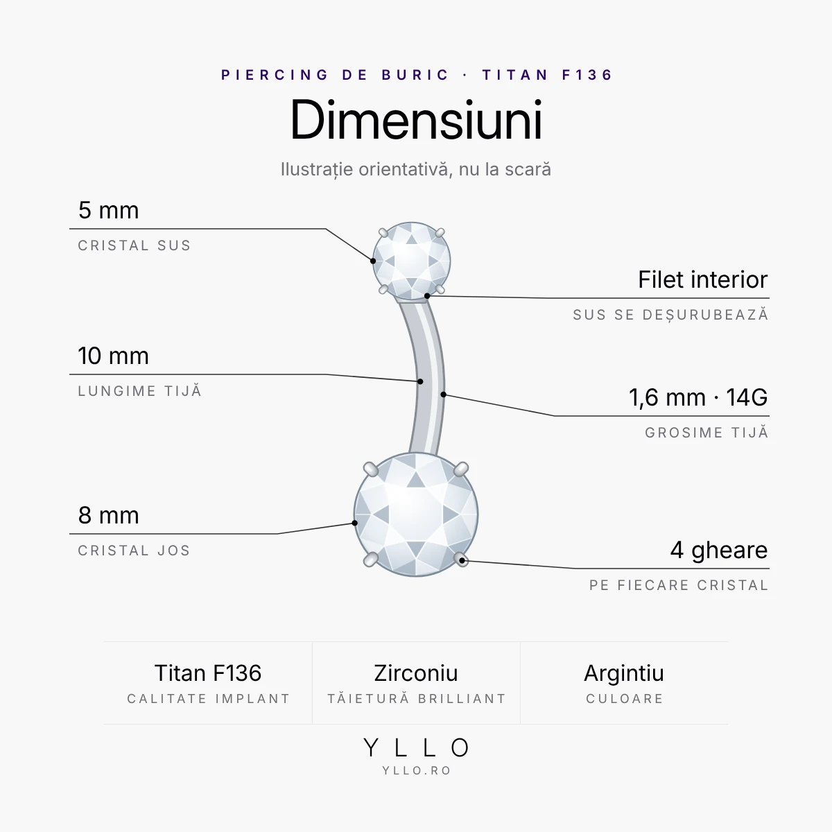 Piercing buric titan ASTM F136 zirconiu rotund – dimensiuni: tijă de 1,6 mm (14G) și 10 mm, cristale de 8 mm și 5 mm