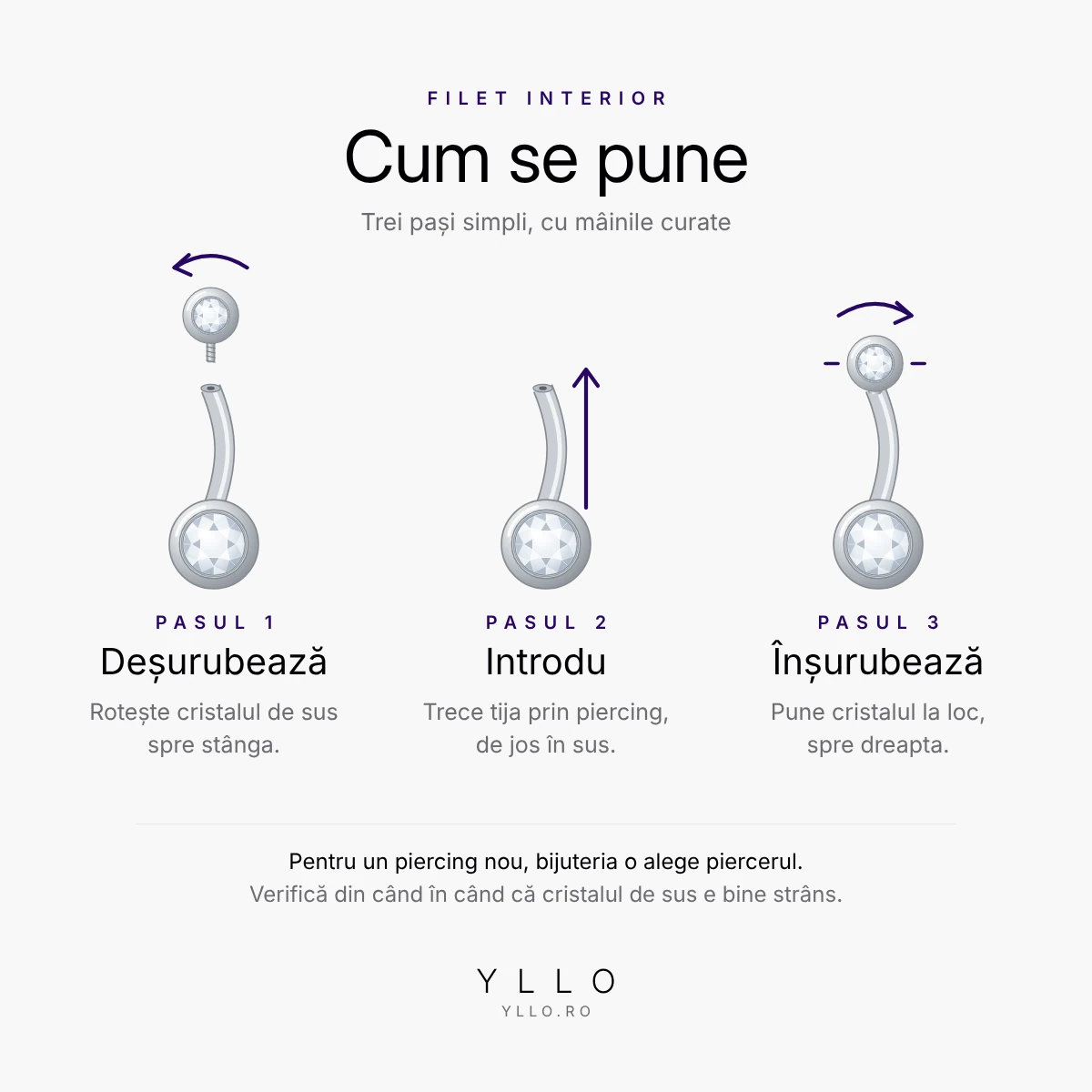 Cum se pune un piercing buric titan ASTM F136 cu zirconiu – filet interior, în 3 pași