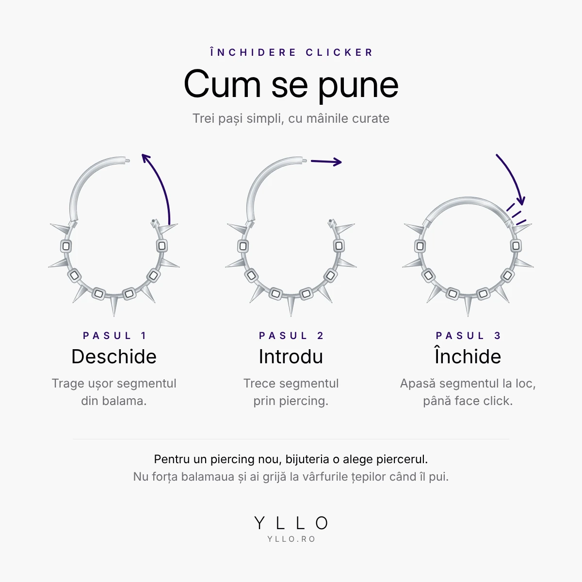 Cum se pune un piercing titan ASTM F136 circular barbell cu țepi – deschizi, introduci, închizi până face click