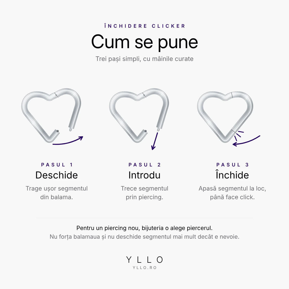 Cum se pune un piercing titan ASTM F136 clicker inimă – deschizi, introduci, închizi până face click
