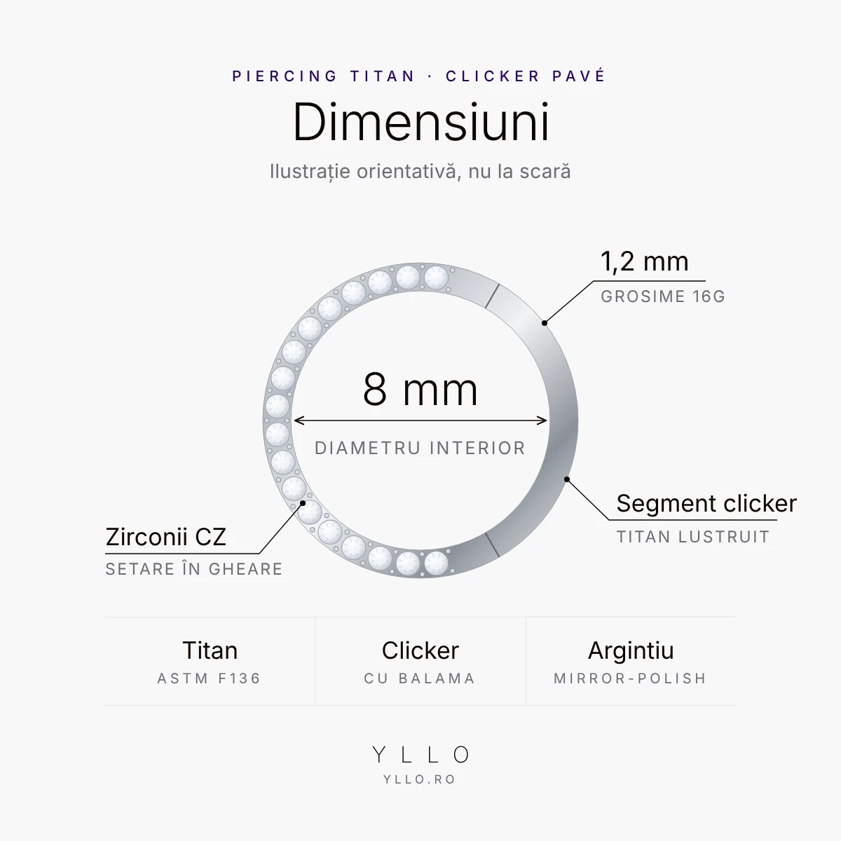 Piercing Titan ASTM F136 Clicker Pavé Argintiu – dimensiuni: grosime 1,2 mm (16G) și diametru interior 8 mm