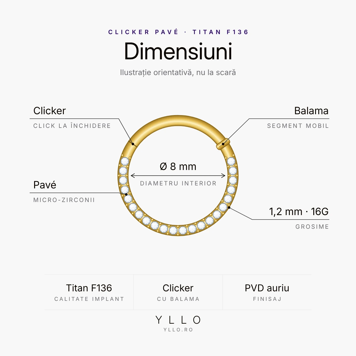 Clicker pavé auriu – dimensiuni: grosime 1,2 mm (16G), diametru interior 8 mm, balama și pavé din micro-zirconii