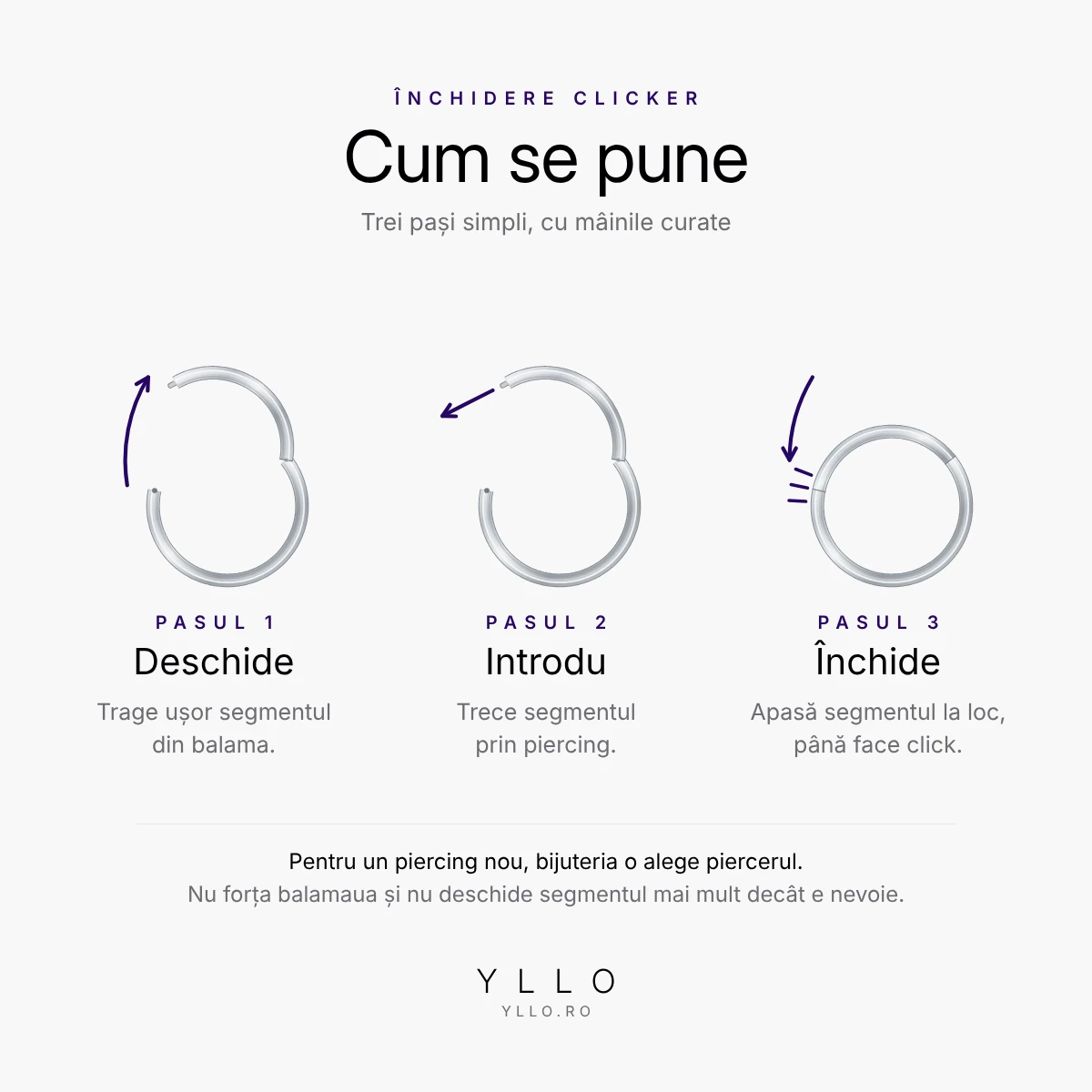 Cum se pune un set 3 piercing titan ASTM F136 clicker – deschizi, introduci, închizi până face click