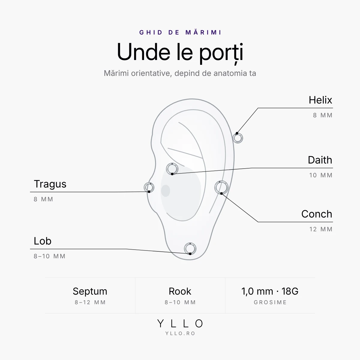 Unde porți un set 3 piercing titan ASTM F136 clicker: helix 8 mm, tragus 8 mm, daith 10 mm, conch 12 mm, lob, septum și rook