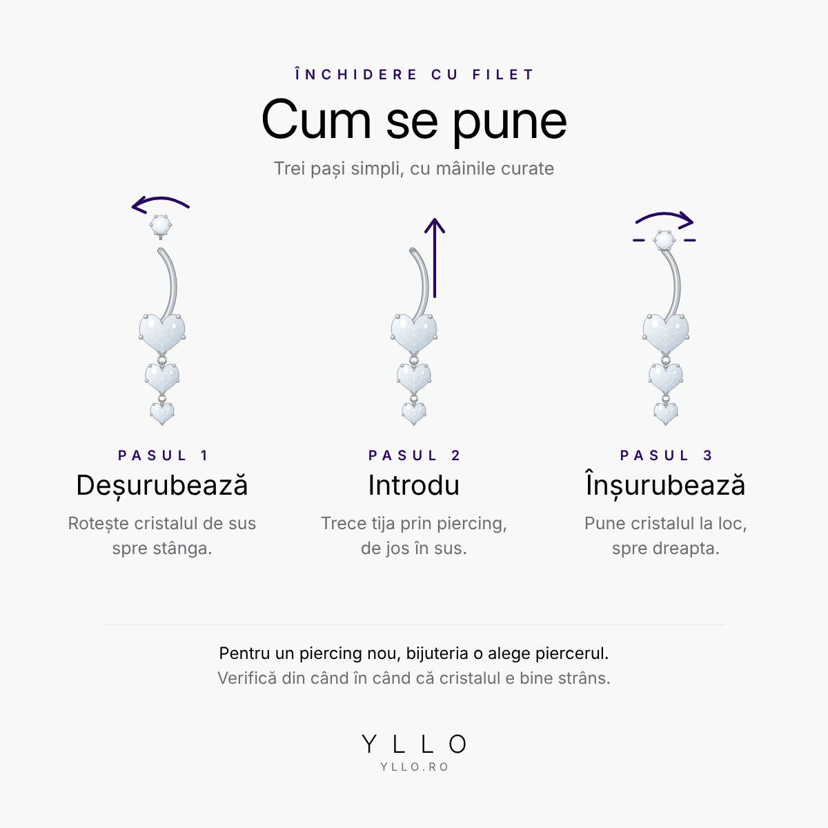 Cum se pune un piercing buric titan ASTM F136 cu inimi – închidere cu filet în 3 pași
