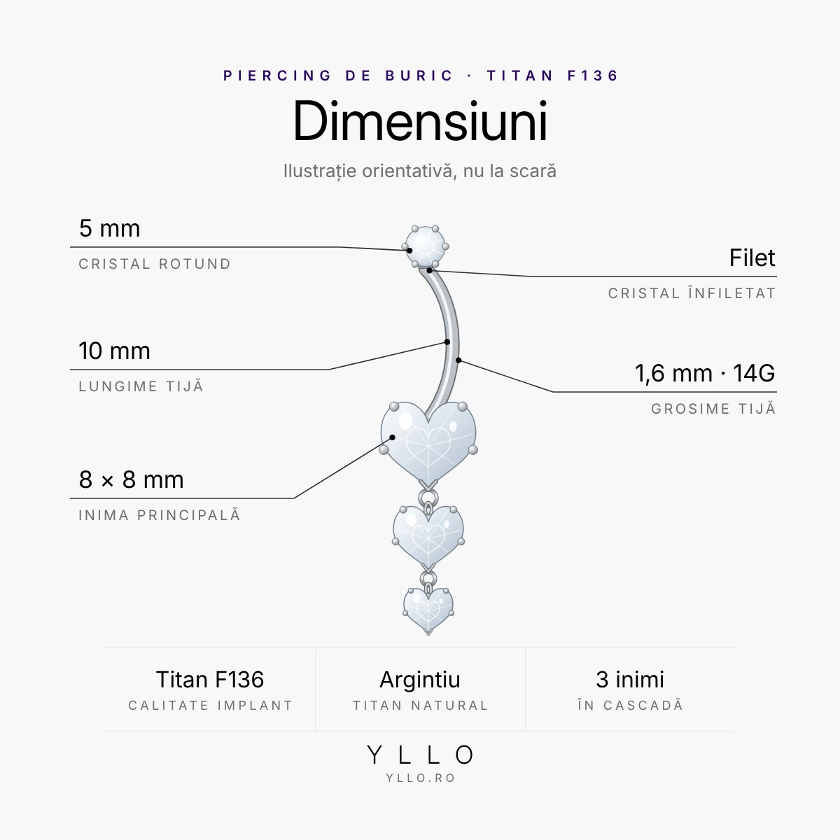 Piercing buric titan ASTM F136 cu inimi, argintiu – dimensiuni: tijă 1,6 mm (14G) × 10 mm, cristal de 5 mm, inima principală 8 × 8 mm