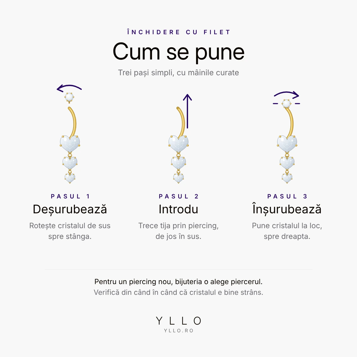 Cum se pune un piercing de buric cu inimi – închidere cu filet în 3 pași