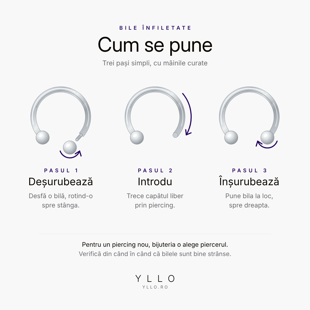 Cum se pune un piercing circular barbell 10mm – bile înfiletate, în 3 pași