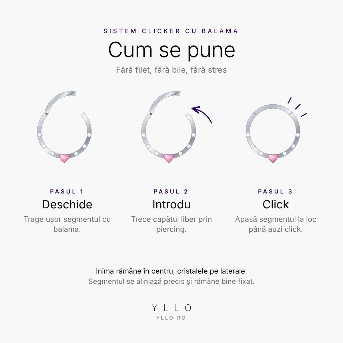 Cum se pune Cercel Clicker cu Inimă Roz – sistem clicker cu balama în 3 pași