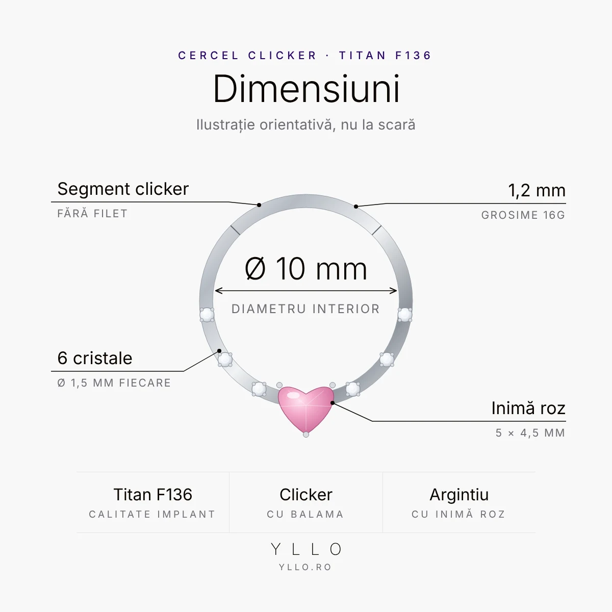Cercel Clicker cu Inimă Roz – dimensiuni: Ø interior 10 mm, grosime 1,2 mm (16G), inimă 5 × 4,5 mm, 6 cristale de 1,5 mm
