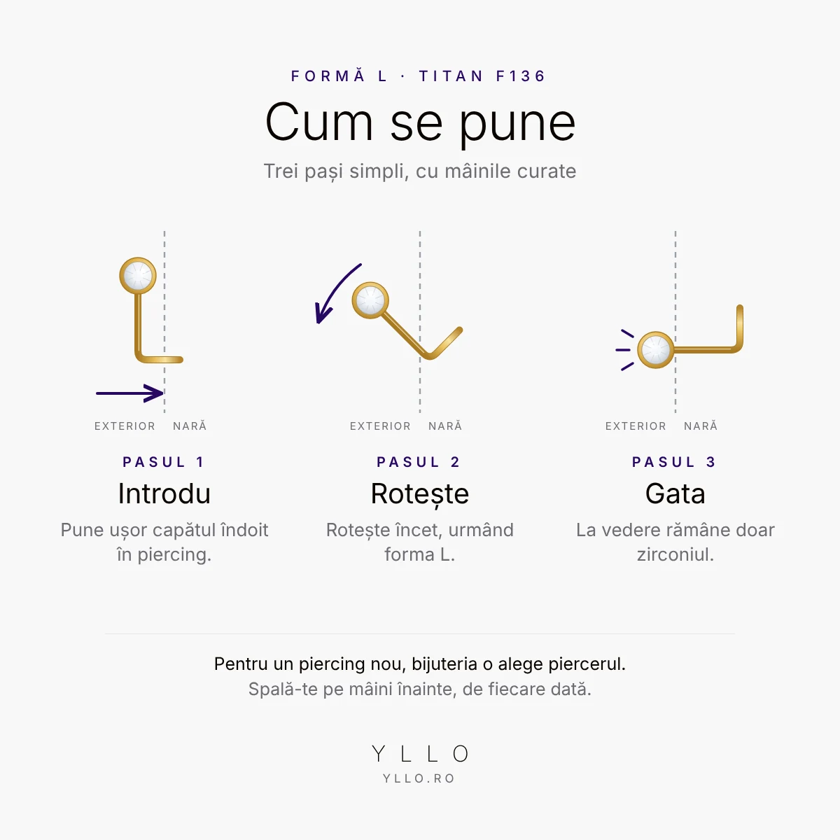 Cum se pune Piercing auriu pentru nas – tijă în formă L, în 3 pași