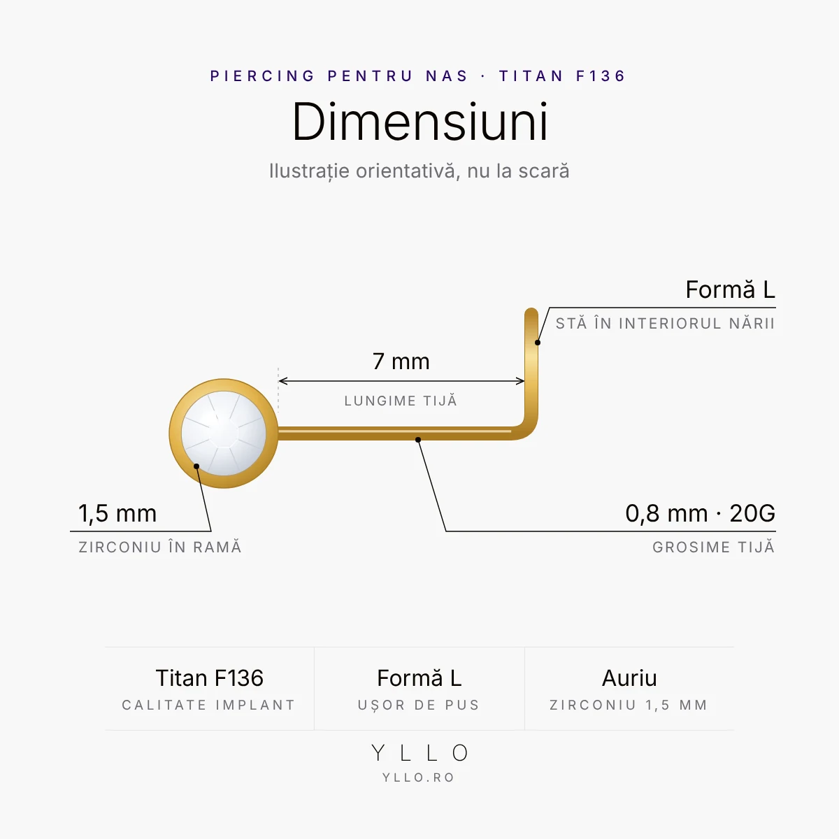 Piercing auriu pentru nas cu zirconiu mic – dimensiuni: tijă 0,8 mm (20G) × 7 mm, formă L, zirconiu de 1,5 mm