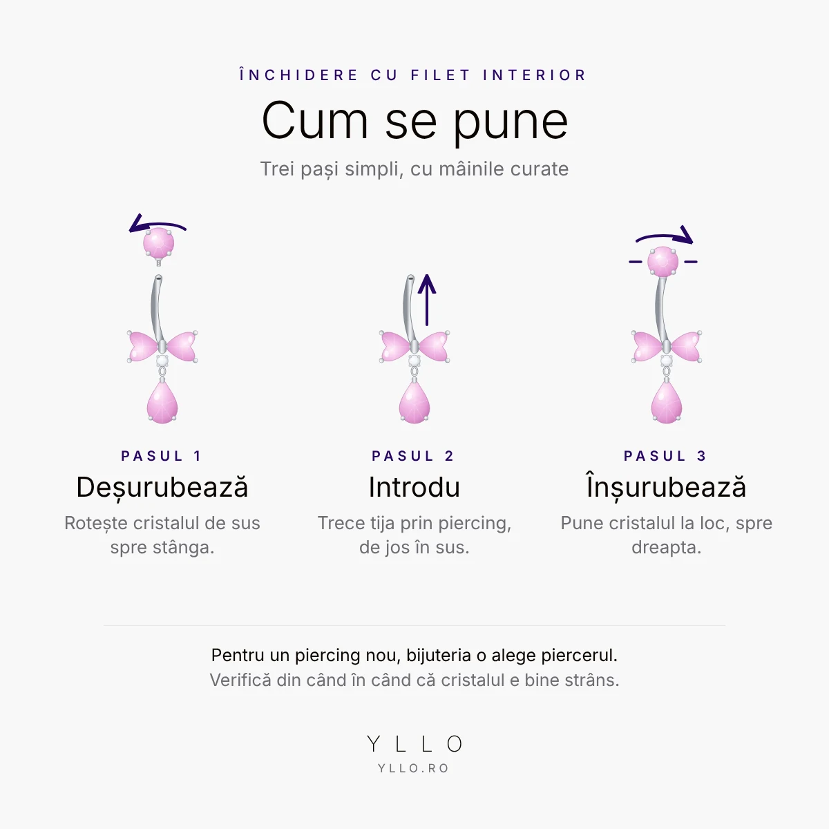Cum se pune Piercing de buric cu zirconii roz – închidere cu filet interior în 3 pași