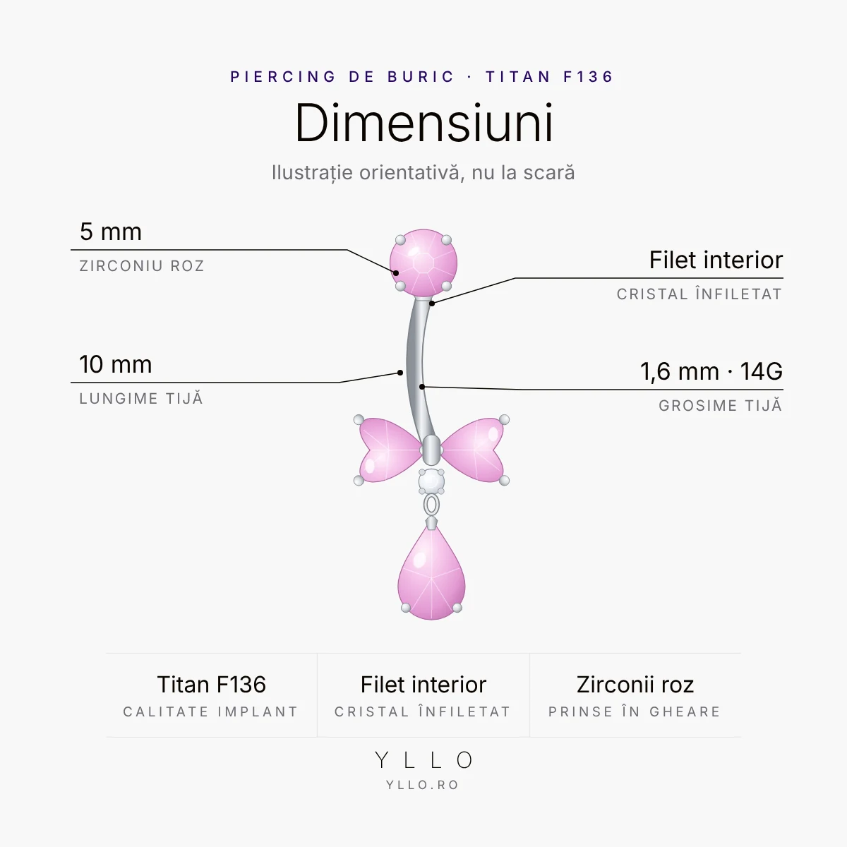 Piercing de buric cu zirconii roz – dimensiuni: tijă 1,6 mm (14G) × 10 mm, zirconiu roz de 5 mm, filet interior
