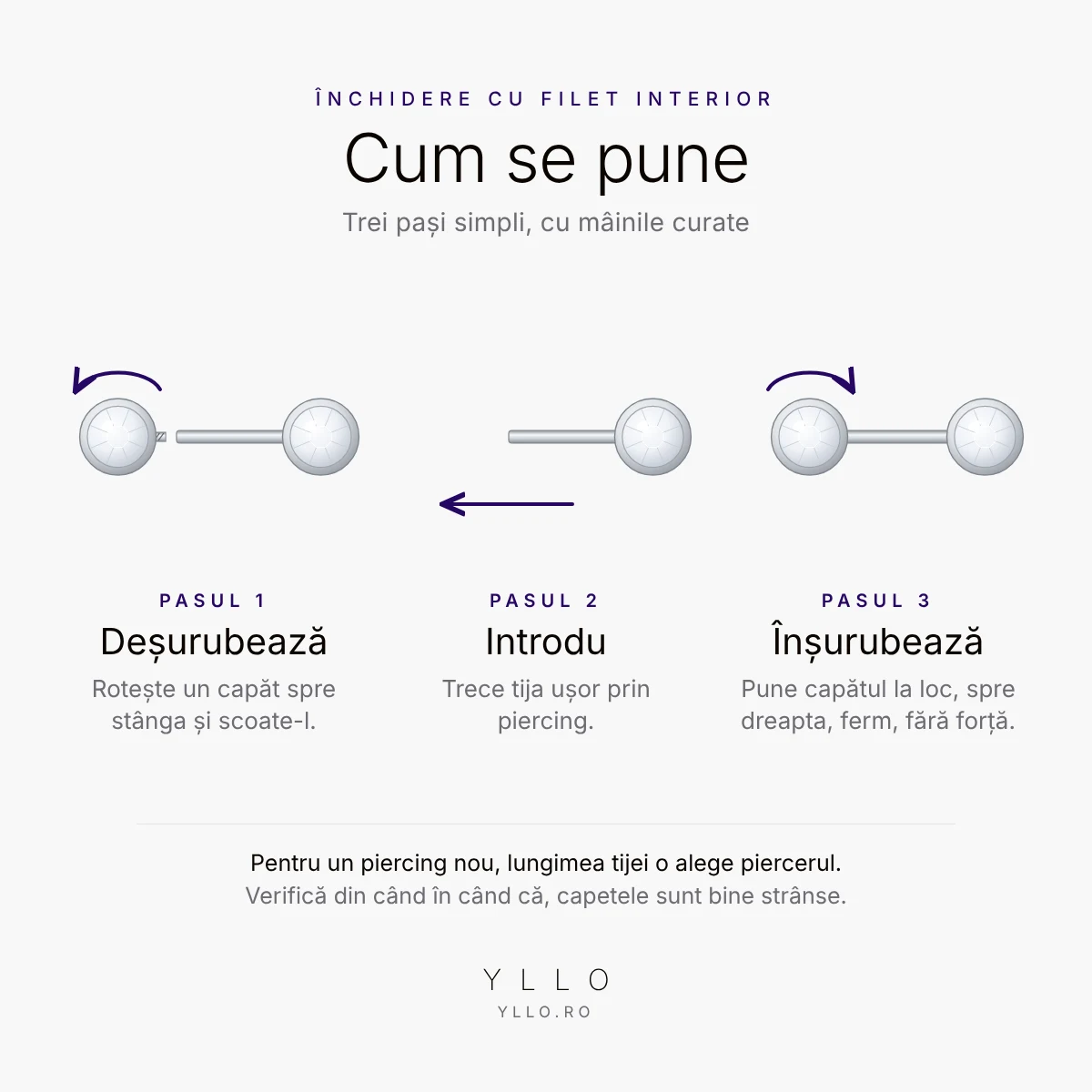 Cum se pune Piercing de sân cu zirconii – închidere cu filet interior în 3 pași