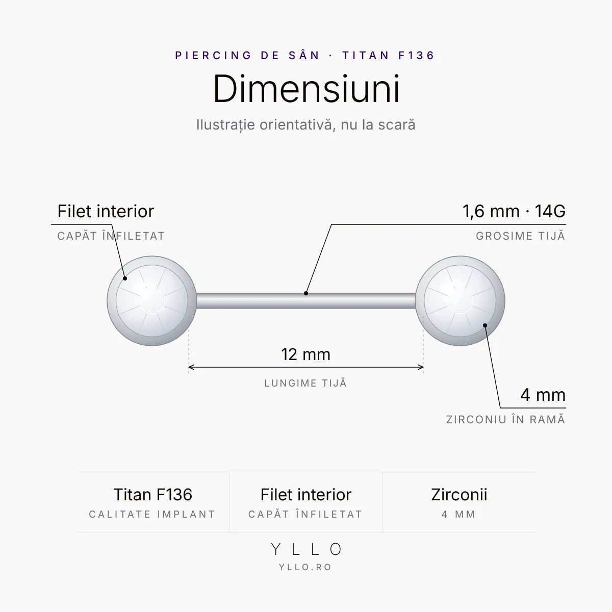 Piercing de sân cu zirconii – dimensiuni: tijă 1,6 mm (14G) × 12 mm, zirconii de 4 mm la ambele capete