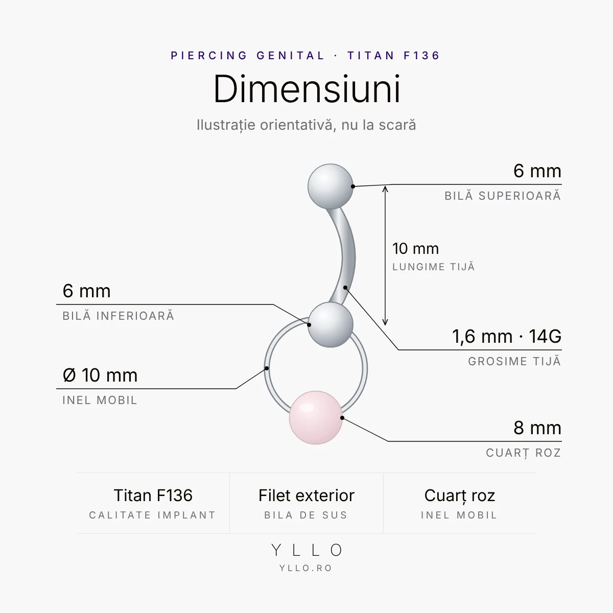 Piercing Genital Titan F136 – dimensiuni: tijă 1,6 mm (14G) × 10 mm, bile de 6 mm, inel mobil Ø 10 mm, cuarț roz 8 mm
