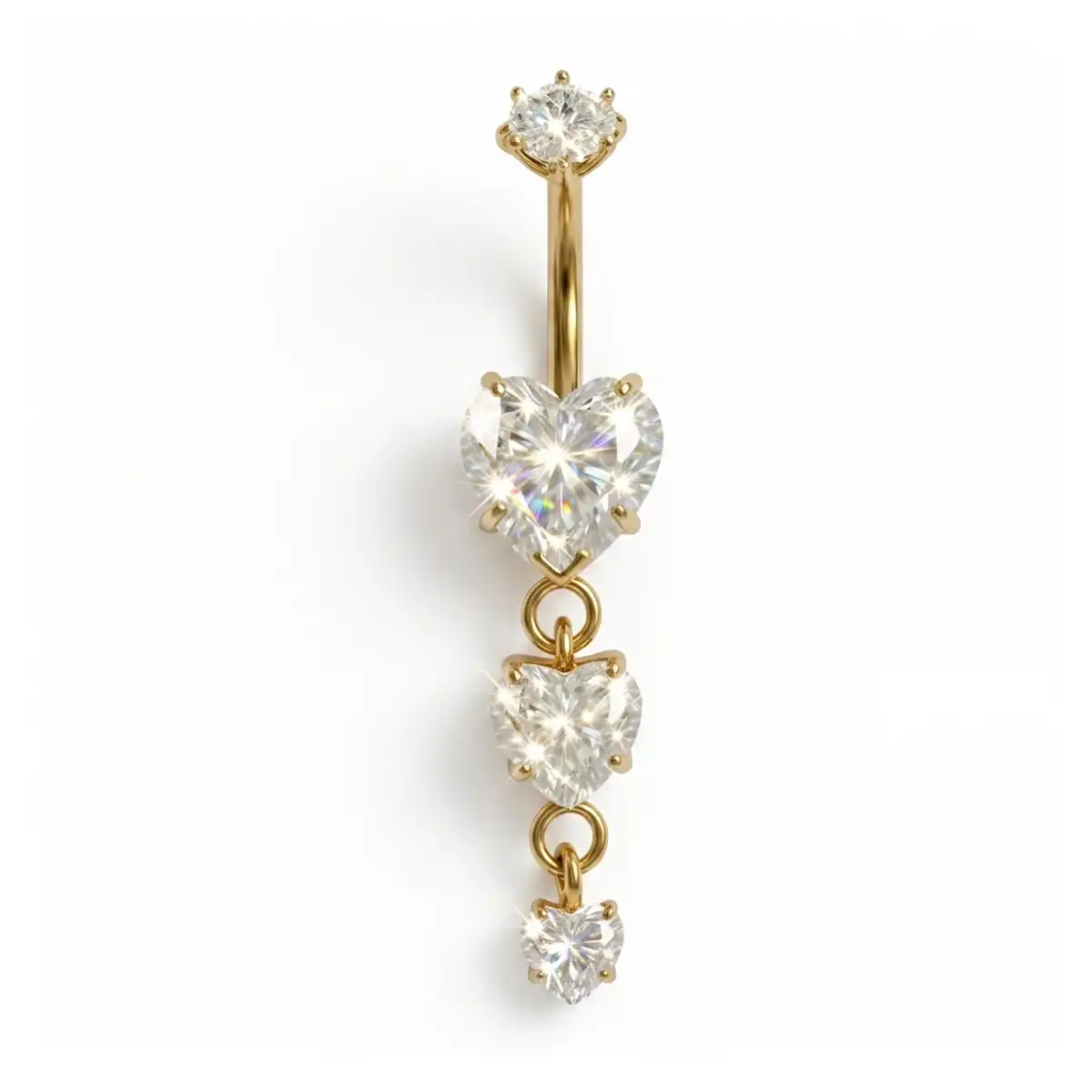 Piercing de buric cu inimi zirconiu auriu – Golden Hearts Piercing de buric cu inimi | Titan F136 si Cristale